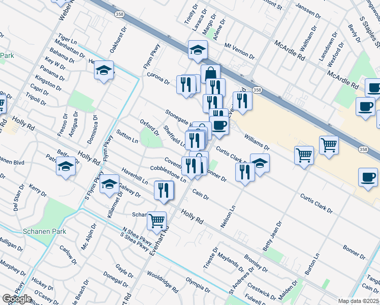 map of restaurants, bars, coffee shops, grocery stores, and more near 5438 Stonegate Way in Corpus Christi