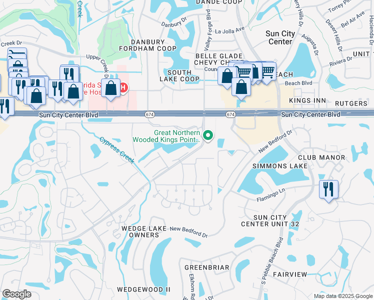 map of restaurants, bars, coffee shops, grocery stores, and more near 201 Kings Boulevard in Sun City Center