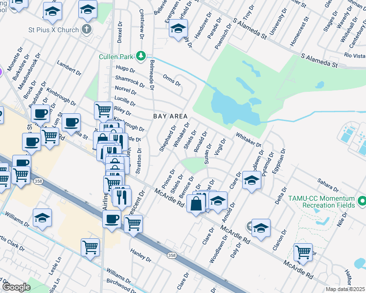 map of restaurants, bars, coffee shops, grocery stores, and more near 1025 Shiels Drive in Corpus Christi