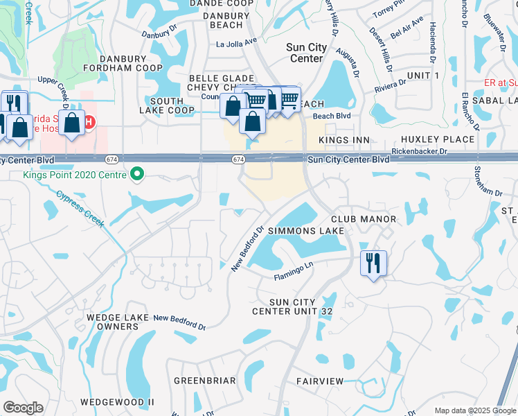 map of restaurants, bars, coffee shops, grocery stores, and more near 221 Courtyard Boulevard in Sun City Center