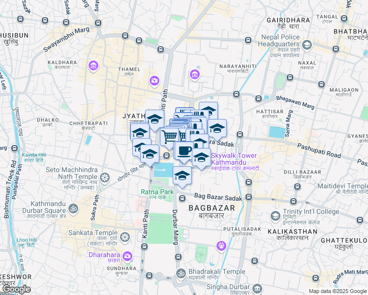 map of restaurants, bars, coffee shops, grocery stores, and more near Jamal Road in Kathmandu