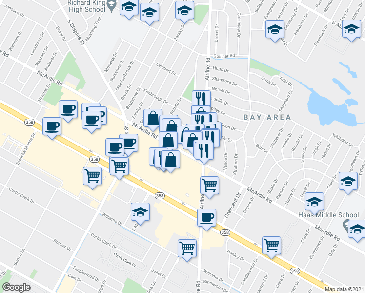 map of restaurants, bars, coffee shops, grocery stores, and more near 5718 McArdle Road in Corpus Christi