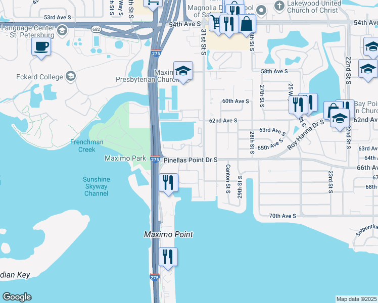 map of restaurants, bars, coffee shops, grocery stores, and more near 6401 31st Street South in St. Petersburg