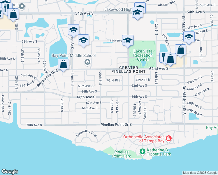 map of restaurants, bars, coffee shops, grocery stores, and more near 1860 63rd Avenue South in Saint Petersburg