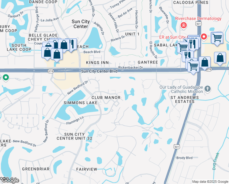 map of restaurants, bars, coffee shops, grocery stores, and more near 346 Clubmanor Drive in Sun City Center