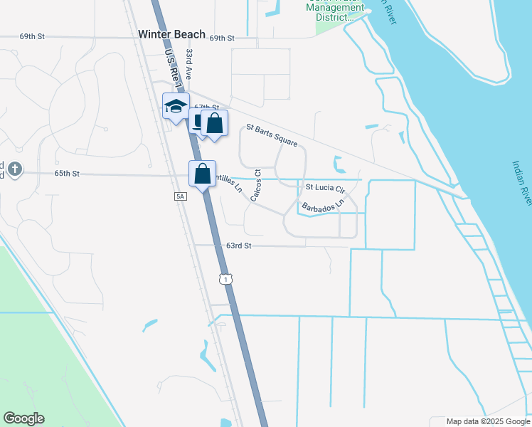 map of restaurants, bars, coffee shops, grocery stores, and more near 2665 Antilles Lane in Vero Beach