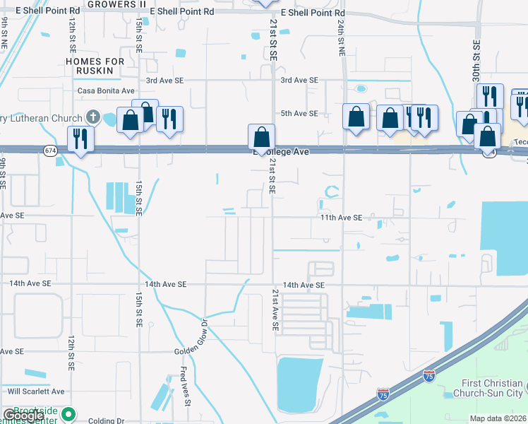 map of restaurants, bars, coffee shops, grocery stores, and more near 2029 Peaceful Palm Street in Ruskin