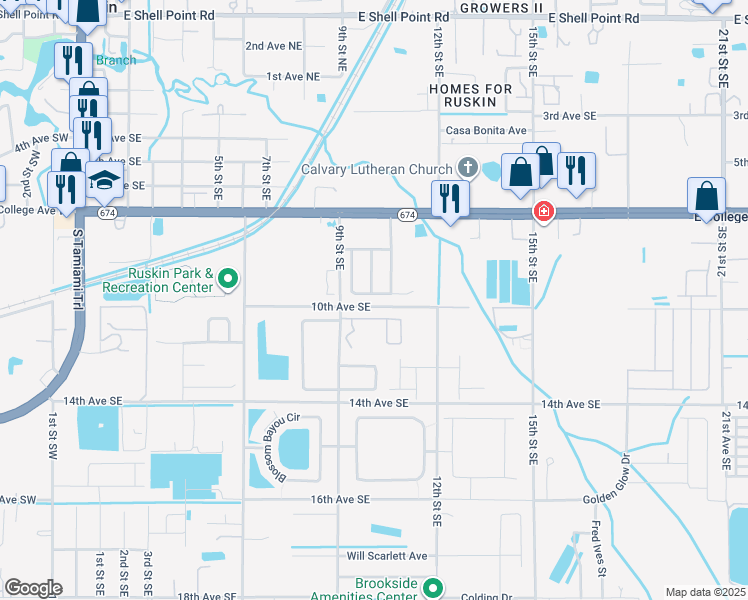 map of restaurants, bars, coffee shops, grocery stores, and more near 1019 Windton Oak Drive in Ruskin