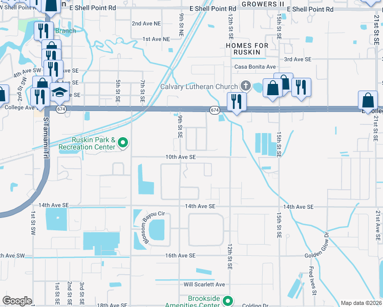 map of restaurants, bars, coffee shops, grocery stores, and more near 1011 Windton Oak Drive in Ruskin