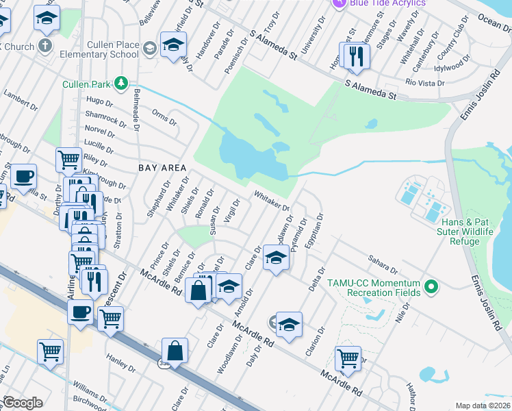 map of restaurants, bars, coffee shops, grocery stores, and more near 914 Hazel Drive in Corpus Christi