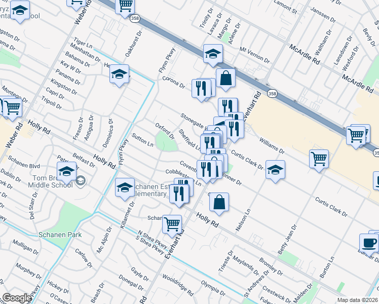 map of restaurants, bars, coffee shops, grocery stores, and more near 4641 Bonner Drive in Corpus Christi