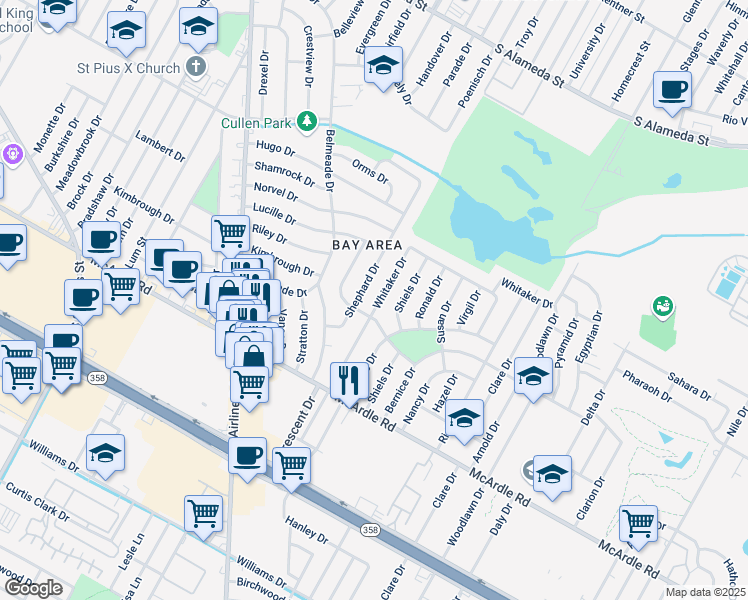 map of restaurants, bars, coffee shops, grocery stores, and more near 1050 Shephard Drive in Corpus Christi