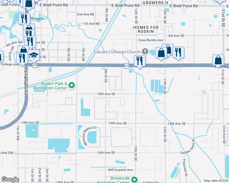 map of restaurants, bars, coffee shops, grocery stores, and more near 1011 Windton Oak Drive in Ruskin