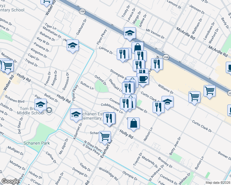 map of restaurants, bars, coffee shops, grocery stores, and more near 4641 Bonner Drive in Corpus Christi