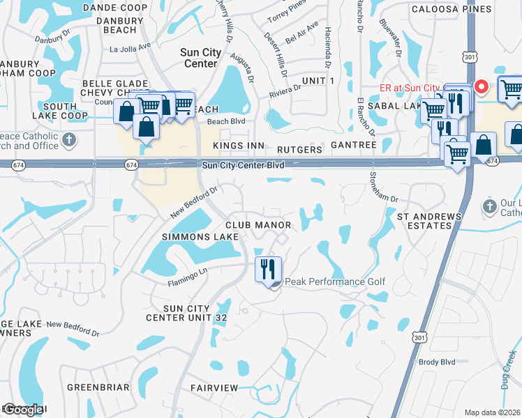 map of restaurants, bars, coffee shops, grocery stores, and more near 319 Clubmanor Drive in Sun City Center