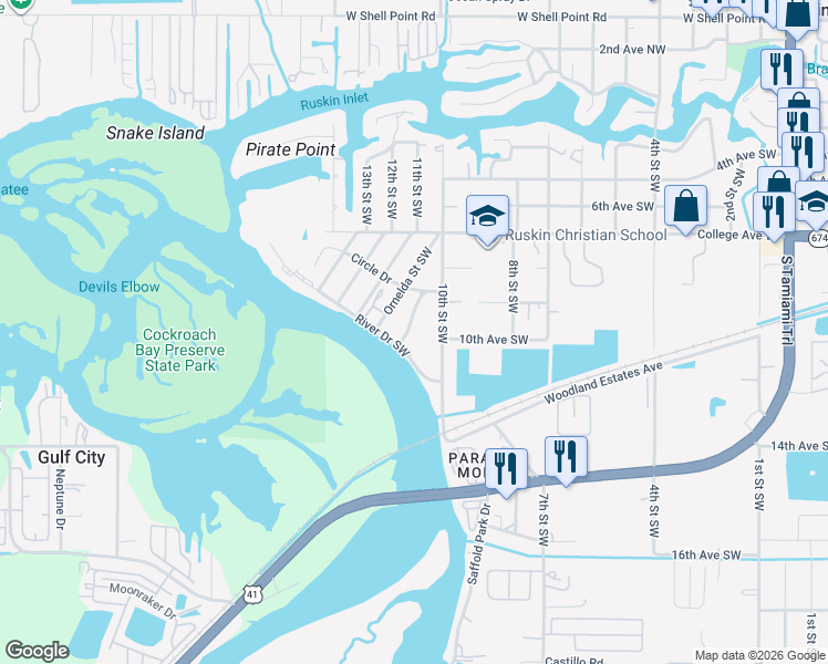 map of restaurants, bars, coffee shops, grocery stores, and more near 1019 River Drive Southwest in Ruskin