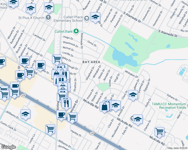 map of restaurants, bars, coffee shops, grocery stores, and more near 1025 Shiels Drive in Corpus Christi