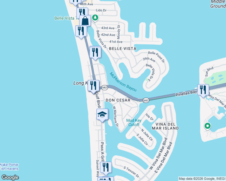 map of restaurants, bars, coffee shops, grocery stores, and more near 3404 East Maritana Drive in St. Pete Beach