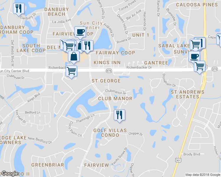 map of restaurants, bars, coffee shops, grocery stores, and more near 1303 New Bedford Drive in Sun City Center