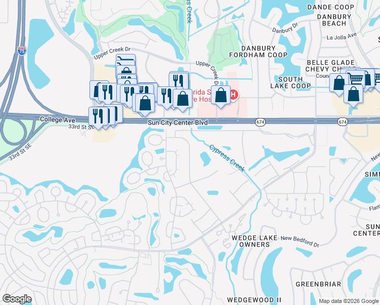 map of restaurants, bars, coffee shops, grocery stores, and more near 1909 Canterbury Lane in Sun City Center