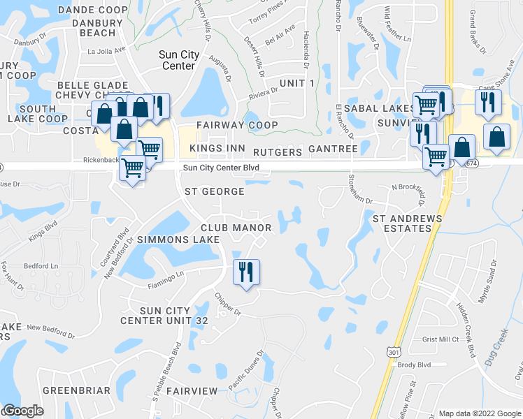 map of restaurants, bars, coffee shops, grocery stores, and more near 346 Clubmanor Drive in Sun City Center