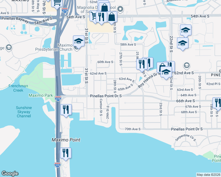 map of restaurants, bars, coffee shops, grocery stores, and more near 2845 64th Terrace South in St. Petersburg