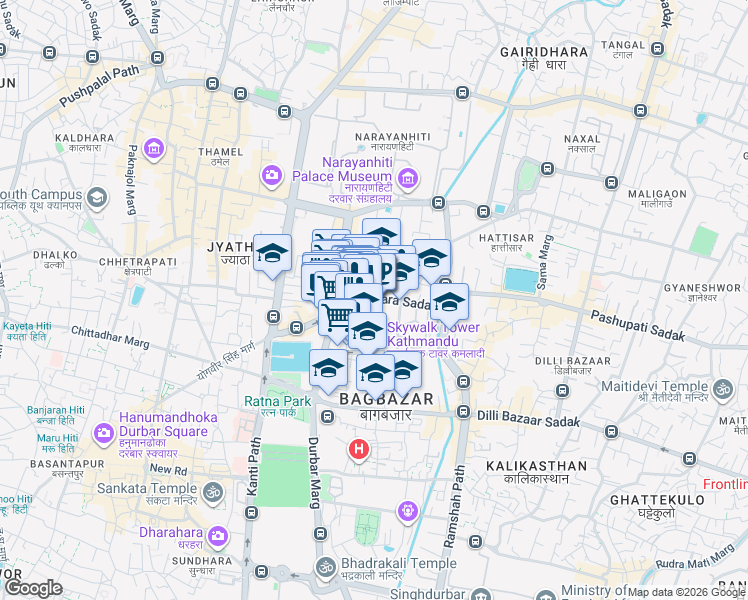 map of restaurants, bars, coffee shops, grocery stores, and more near Teendhara Marg in Kathmandu