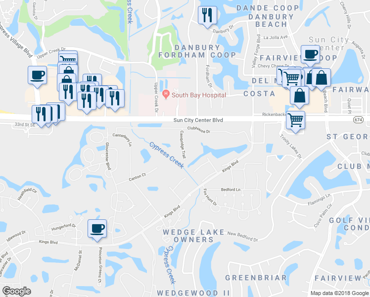 map of restaurants, bars, coffee shops, grocery stores, and more near 202 Cambridge Trail in Sun City Center