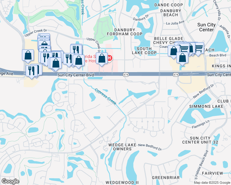 map of restaurants, bars, coffee shops, grocery stores, and more near Cambridge Trail in Sun City Center