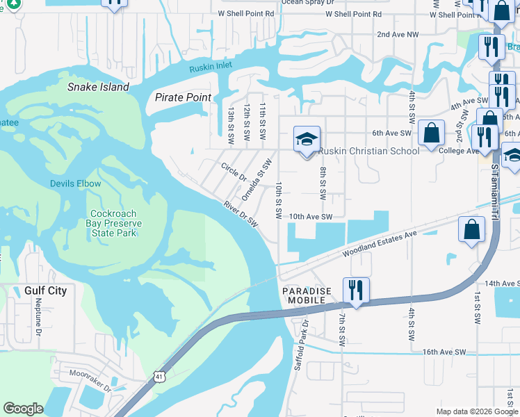 map of restaurants, bars, coffee shops, grocery stores, and more near 1019 River Drive Southwest in Ruskin