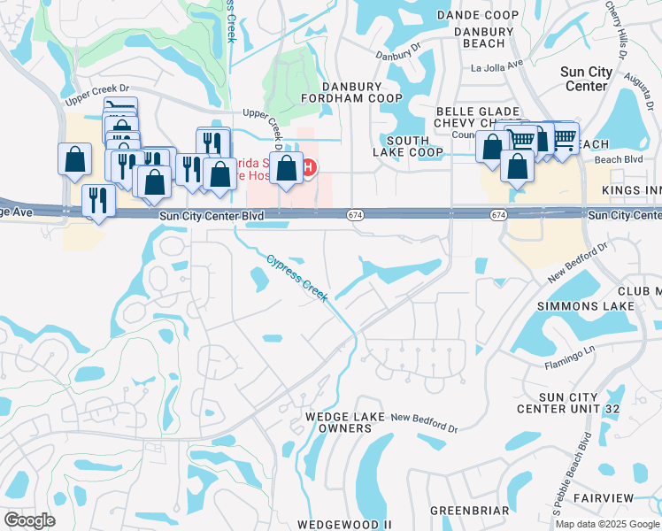 map of restaurants, bars, coffee shops, grocery stores, and more near 102 Cambridge Trail in Sun City Center