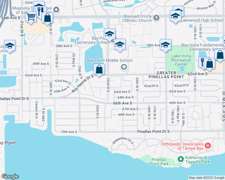 map of restaurants, bars, coffee shops, grocery stores, and more near 6287 21st Way South in St. Petersburg