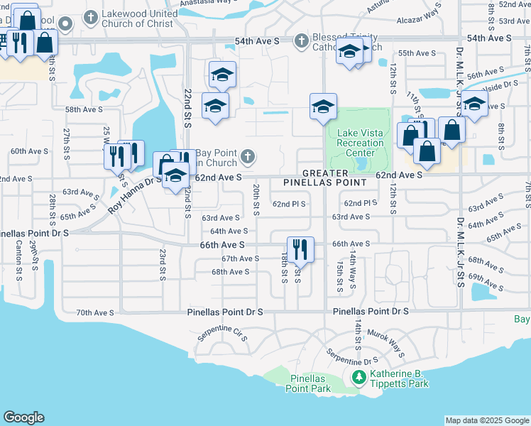 map of restaurants, bars, coffee shops, grocery stores, and more near 1860 63rd Avenue South in St. Petersburg