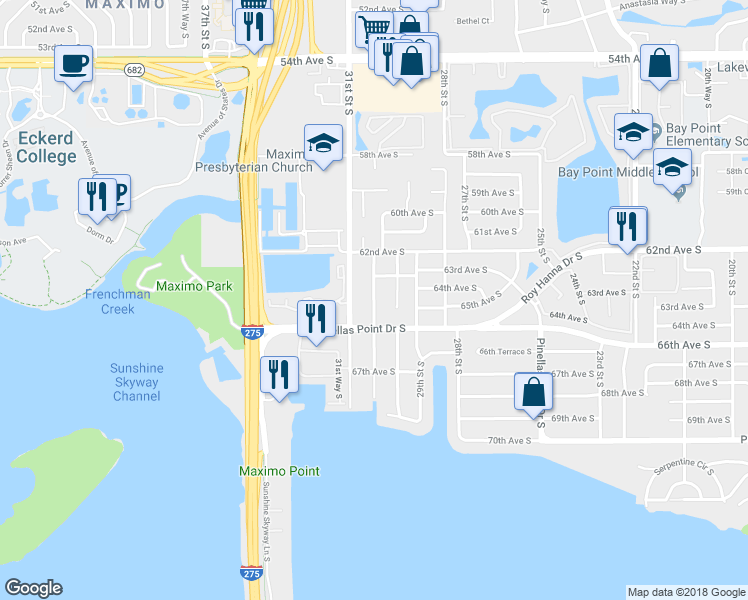 map of restaurants, bars, coffee shops, grocery stores, and more near 6400 30th Street South in Saint Petersburg