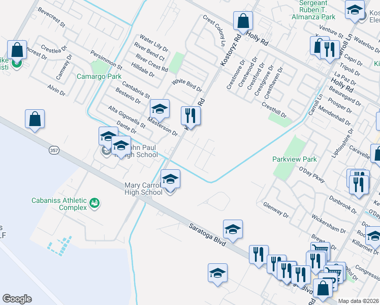 map of restaurants, bars, coffee shops, grocery stores, and more near 6237 Angelique Court in Corpus Christi