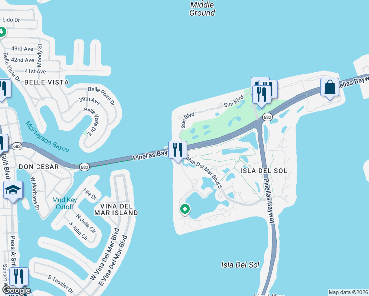 map of restaurants, bars, coffee shops, grocery stores, and more near 5901 Sun Boulevard in St. Petersburg