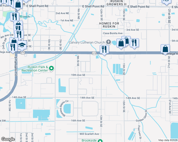 map of restaurants, bars, coffee shops, grocery stores, and more near 827 College Chase Drive in Ruskin