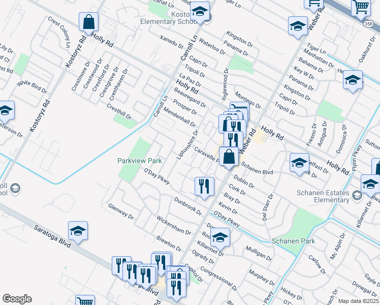 map of restaurants, bars, coffee shops, grocery stores, and more near 3801 Caravelle Parkway in Corpus Christi