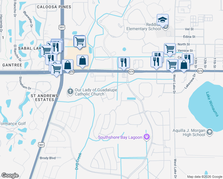 map of restaurants, bars, coffee shops, grocery stores, and more near 16616 Goose Ribbon Place in Wimauma