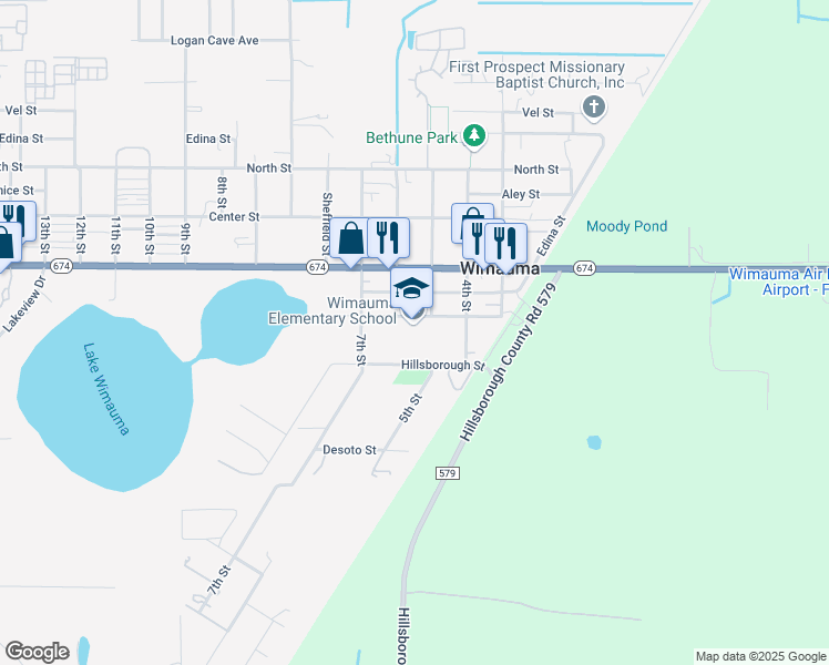 map of restaurants, bars, coffee shops, grocery stores, and more near 5709 Hickman Street in Wimauma