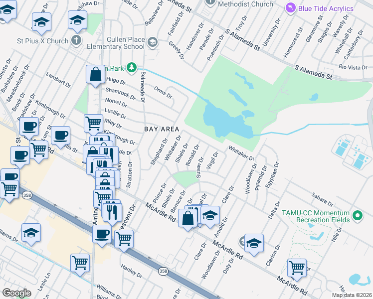 map of restaurants, bars, coffee shops, grocery stores, and more near 906 Shiels Drive in Corpus Christi