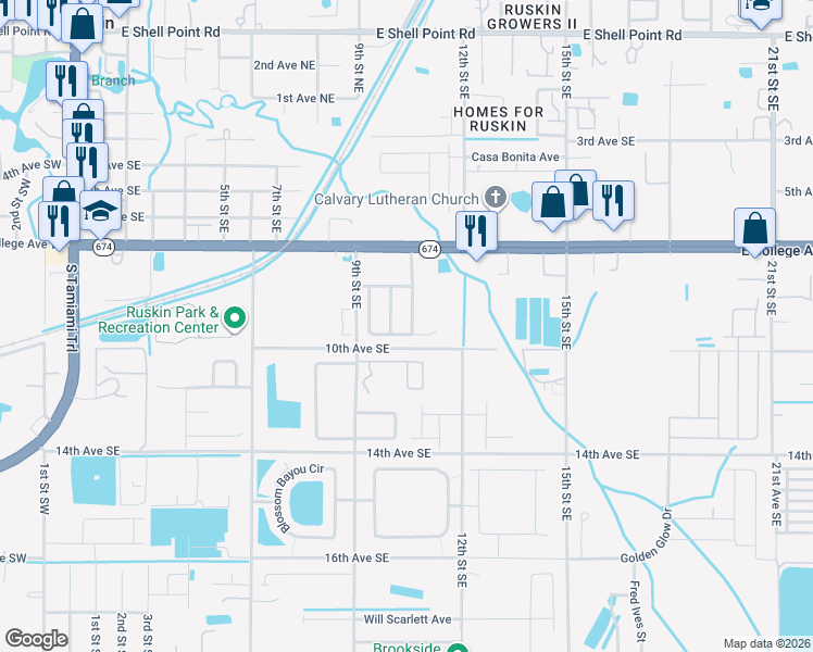 map of restaurants, bars, coffee shops, grocery stores, and more near 825 College Chase Drive in Ruskin