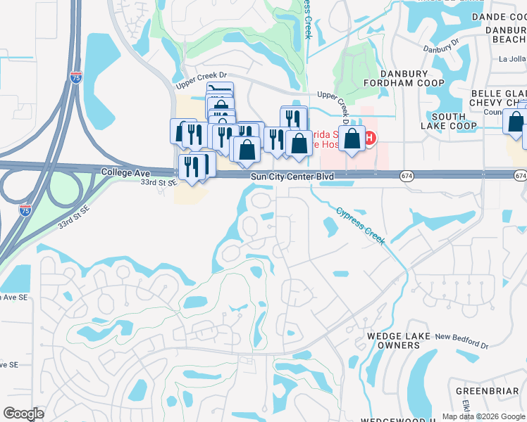 map of restaurants, bars, coffee shops, grocery stores, and more near 2339 Glenmore Circle in Sun City Center