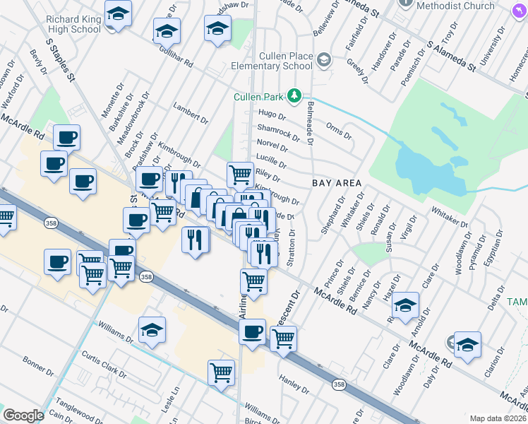 map of restaurants, bars, coffee shops, grocery stores, and more near 1230 Belmeade Drive in Corpus Christi