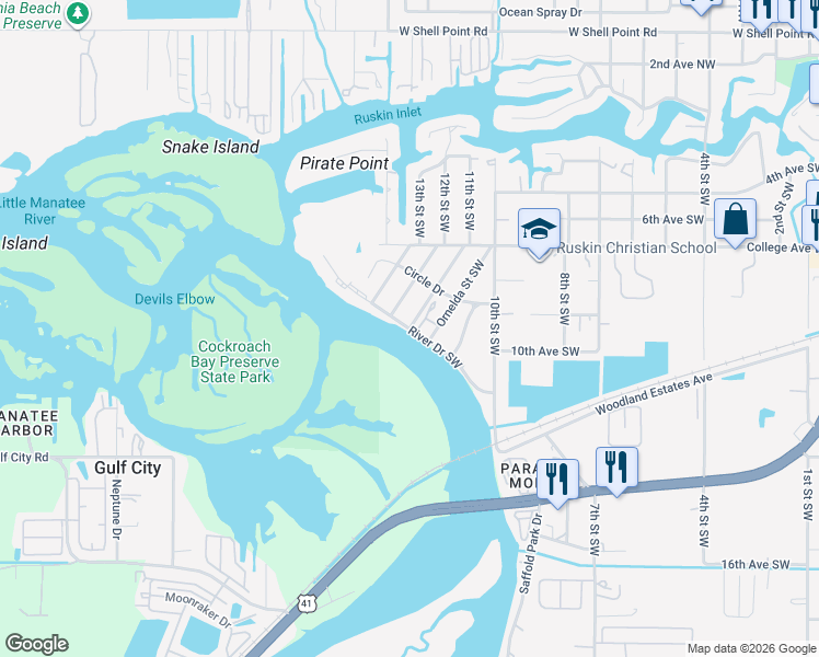 map of restaurants, bars, coffee shops, grocery stores, and more near 1651 Oak Street Southwest in Ruskin