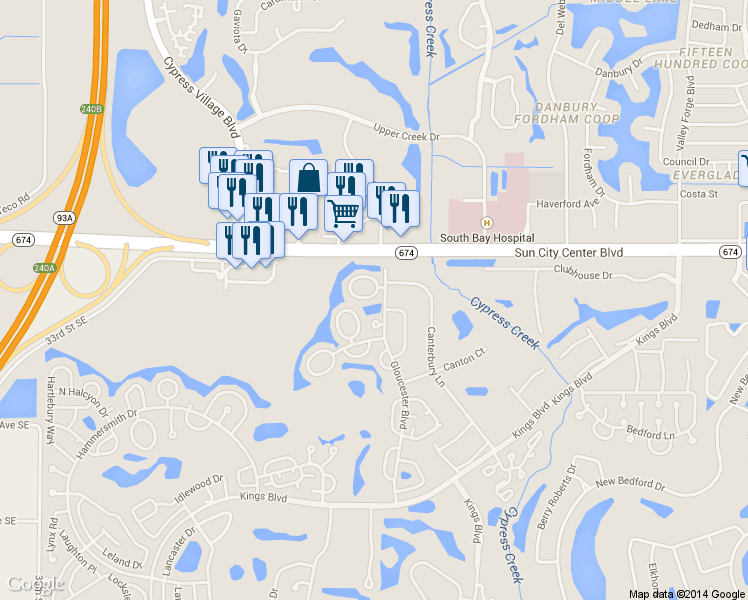 map of restaurants, bars, coffee shops, grocery stores, and more near 2343 Glenmore Circle in Sun City Center