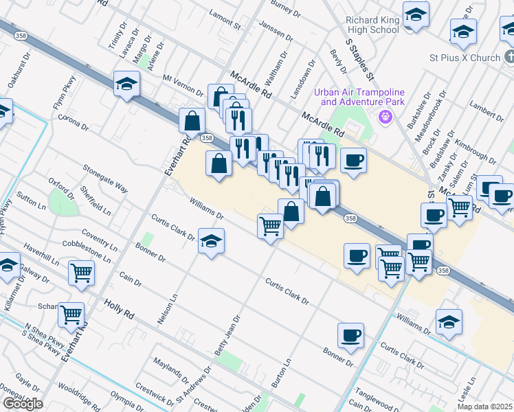 map of restaurants, bars, coffee shops, grocery stores, and more near 5001 South Padre Island Drive in Corpus Christi