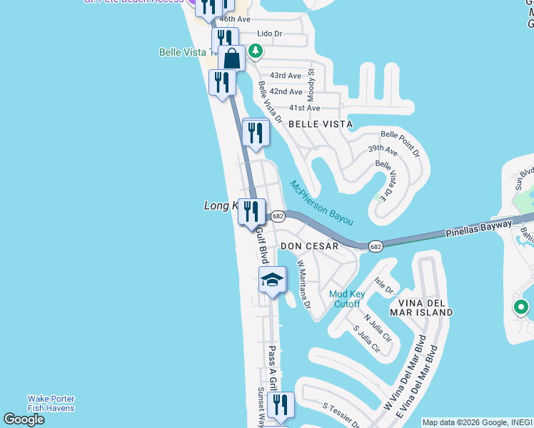 map of restaurants, bars, coffee shops, grocery stores, and more near 3500 Casablanca Avenue in Saint Pete Beach