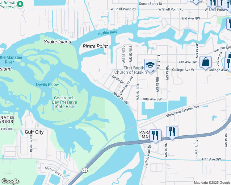 map of restaurants, bars, coffee shops, grocery stores, and more near 911 Oak Street Southwest in Ruskin
