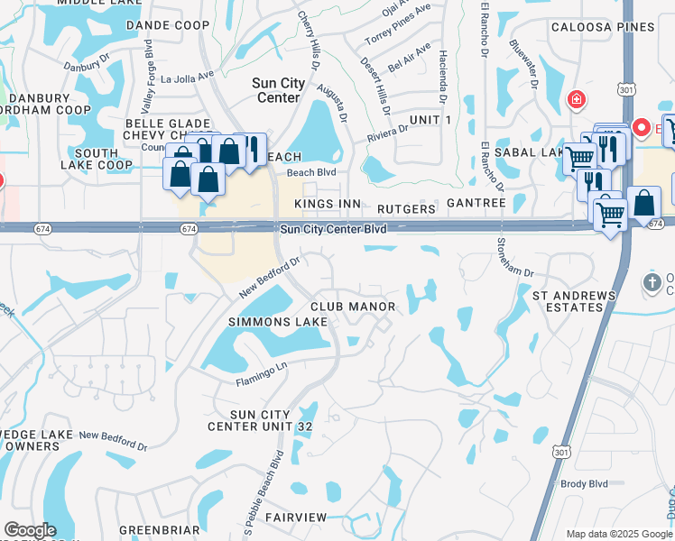 map of restaurants, bars, coffee shops, grocery stores, and more near 108 Carswell Circle in Sun City Center